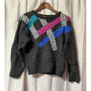 Vtg 80s Pure Wool Memphis Jones Sweater Women Size Medium Black Pink Blue